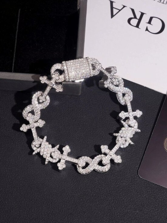 Thorn+Cross Infinity Cuban Bracelet S925 Silver Iced Out VVS Moissanite - Picture 3 of 5